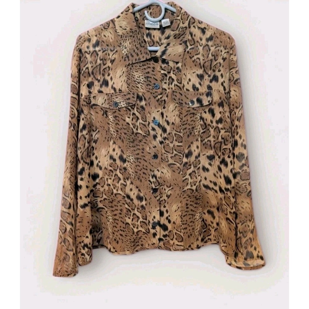 Y2k Chico's Leopard 100% Silk Sheer Top Button-Up LG Size 2 Animal Shirt
